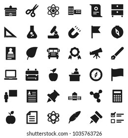 Flat vector icon set - pen vector, university, school building, blackboard, corner ruler, student, backpack, apple fruit, atom, telescope, microscope, calculator, notebook pc, paper pin, compass