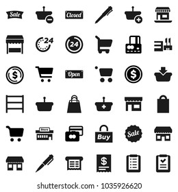 Flat vector icon set - pen vector, dollar coin, cart, credit card, office, shelving, sale, open, closed, 24 hour, shopping bag, market, store, mall, buy, receipt, basket, list