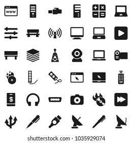 Flat vector icon set - pen vector, notebook pc, music hit, camera, antenna, remote control, headphones, play button, forward, hdmi, big data, browser, equalizer, lan connector, bench, route arrow