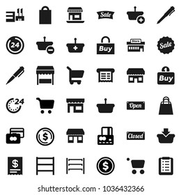 Flat vector icon set - pen vector, dollar coin, cart, credit card, office, shelving, sale, open, closed, 24 hour, shopping bag, market, store, mall, buy, receipt, basket, list