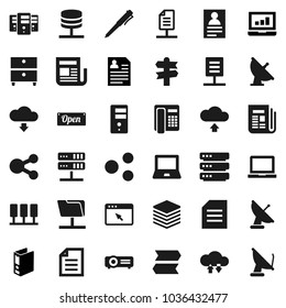 Flat vector icon set - pen vector, notebook pc, document, archive, personal information, laptop graph, binder, signpost, satellite antenna, newspaper, server, network folder, cloud exchange, browser