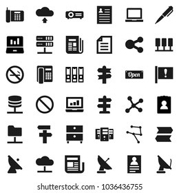 Flat vector icon set - pen vector, notebook pc, document, archive, personal information, laptop graph, binder, prohibition sign, no smoking, signpost, attention, satellite antenna, newspaper, server