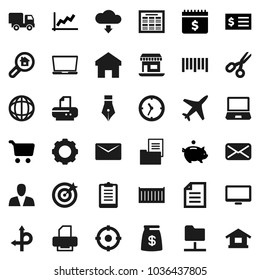 Flat vector icon set - pen vector, schedule, scissors, world, document, graph, cart, piggy bank, receipt, dollar calendar, clipboard, route, office, plane, sea container, clock, barcode, monitor
