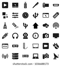 Flat vector icon set - pen vector, notebook pc, arrow up, clock, barcode, music hit, camera, antenna, remote control, headphones, play button, forward, hdmi, cloud lock, big data, browser, equalizer