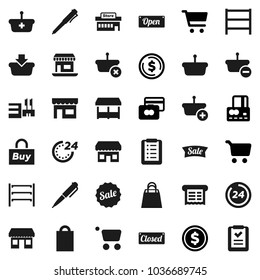 Flat vector icon set - pen vector, dollar coin, cart, credit card, office, shelving, sale, open, closed, 24 hour, shopping bag, market, store, mall, buy, receipt, basket, list