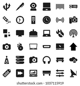 Flat vector icon set - pen vector, notebook pc, laptop graph, arrow up, clock, barcode, music hit, camera, antenna, headphones, forward button, hdmi, cloud lock, big data, equalizer, lan connector