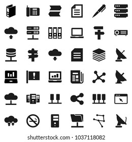 Flat vector icon set - pen vector, notebook pc, document, laptop graph, binder, no smoking, signpost, attention, satellite antenna, newspaper, network, server, folder, cloud, exchange, big data