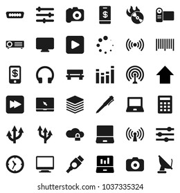 Flat vector icon set - pen vector, notebook pc, laptop graph, arrow up, clock, music hit, camera, antenna, equalizer, headphones, play button, forward, hdmi, cloud lock, big data, bench, loading