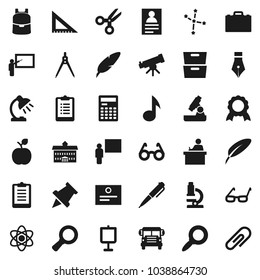 Flat vector icon set - pen vector, university, blackboard, corner ruler, drawing compass, glasses, student, case, backpack, apple fruit, atom, telescope, microscope, table lamp, calculator, medal