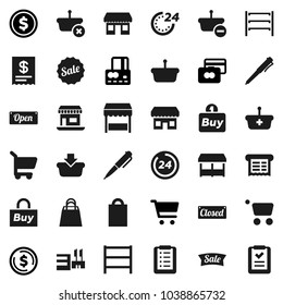 Flat vector icon set - pen vector, dollar coin, cart, credit card, office, shelving, sale, open, closed, 24 hour, shopping bag, market, store, mall, buy, receipt, basket, list