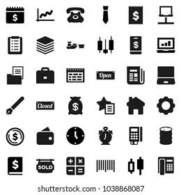 Flat vector icon set - pen vector, case, alarm clock, schedule, dollar coin, graph, japanese candle, laptop, annual report, tie, calendar, phone, receipt, port, oil barrel, newspaper, notebook pc