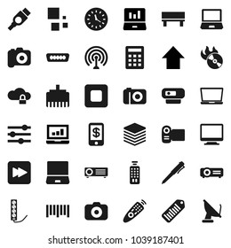 Flat vector icon set - pen vector, laptop graph, arrow up, clock, barcode, music hit, camera, antenna, remote control, notebook pc, stop button, forward, hdmi, cloud lock, big data, equalizer, bench