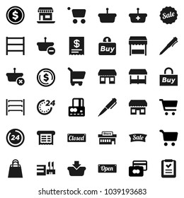 Flat vector icon set - pen vector, dollar coin, cart, credit card, office, shelving, sale, open, closed, 24 hour, shopping bag, market, store, mall, buy, receipt, basket, list