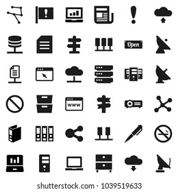 Flat vector icon set - pen vector, notebook pc, document, archive, laptop graph, binder, prohibition sign, no smoking, signpost, attention, satellite antenna, newspaper, network, server, cloud, open