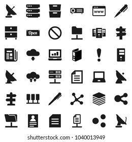 Flat vector icon set - pen vector, notebook pc, document, archive, personal information, laptop graph, binder, prohibition sign, signpost, attention, satellite antenna, newspaper, network, server