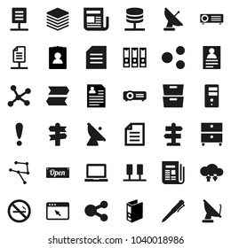 Flat vector icon set - pen vector, notebook pc, document, archive, personal information, binder, no smoking, signpost, attention, satellite antenna, newspaper, network, server, cloud exchange, share