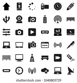 Flat vector icon set - pen vector, notebook pc, laptop graph, arrow up, clock, camera, antenna, remote control, play button, forward, hdmi, cloud lock, browser, equalizer, bench, loading, route, web