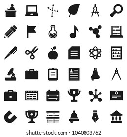 Flat vector icon set - pen vector, pencil, drawing compass, student, case, backpack, apple fruit, atom, microscope, bell, notebook pc, schedule, clipboard, award cup, certificate, magnet, scissors