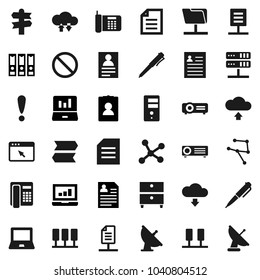 Flat vector icon set - pen vector, notebook pc, document, archive, personal information, laptop graph, binder, prohibition sign, signpost, attention, satellite antenna, network, server, folder