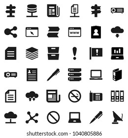 Flat vector icon set - pen vector, notebook pc, document, archive, personal information, laptop graph, binder, prohibition sign, no smoking, signpost, attention, newspaper, network, server, cloud