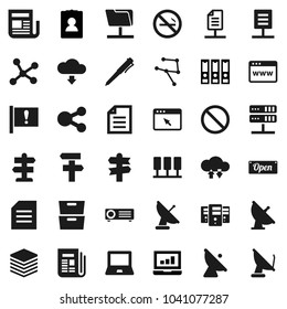 Flat vector icon set - pen vector, notebook pc, document, archive, laptop graph, binder, personal information, prohibition sign, no smoking, signpost, attention, satellite antenna, newspaper, server