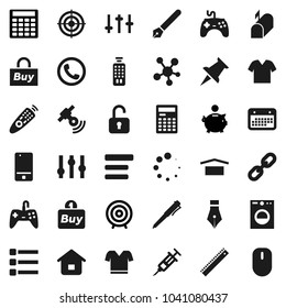 Flat vector icon set - pen vector, ruler, calculator, piggy bank, target, t shirt, calendar, dry cargo, satellitie, gamepad, settings, remote control, mobile phone, social media, thumbtack, syringe