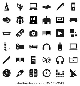 Flat vector icon set - pen vector, notebook pc, laptop graph, clock, barcode, camera, antenna, equalizer, remote control, headphones, play button, hdmi, cloud lock, big data, browser, lan connector