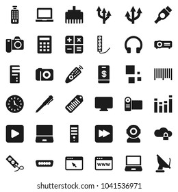 Flat vector icon set - pen vector, notebook pc, clock, barcode, equalizer, remote control, headphones, play button, forward, hdmi, cloud lock, browser, lan connector, loading, route arrow, tap pay