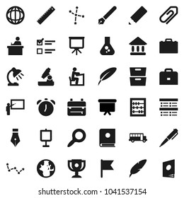 Flat vector icon set - pen vector, pencil, blackboard, ruler, student, case, backpack, microscope, table lamp, alarm clock, award cup, school bus, abacus, presentation, world, archive, flag, flask