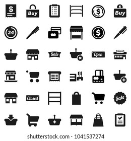 Flat vector icon set - pen vector, dollar coin, cart, credit card, office, shelving, sale, open, closed, 24 hour, shopping bag, market, store, mall, buy, receipt, basket, list