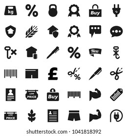 Flat vector icon set - pen vector, medal, personal information, pound, muscule hand, shorts, cereals, no hook, weight, barcode, message, low price signboard, smart home, protect, new, percent, buy