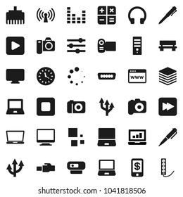 Flat vector icon set - pen vector, notebook pc, laptop graph, clock, camera, equalizer, headphones, play button, stop, forward, hdmi, big data, browser, lan connector, bench, loading, route arrow