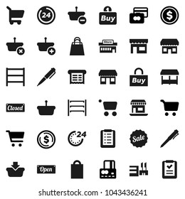 Flat vector icon set - pen vector, dollar coin, cart, credit card, office, shelving, sale, open, closed, 24 hour, shopping bag, market, store, mall, buy, receipt, basket, list