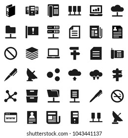 Flat vector icon set - pen vector, notebook pc, document, archive, personal information, laptop graph, binder, prohibition sign, no smoking, signpost, attention, satellite antenna, newspaper, server