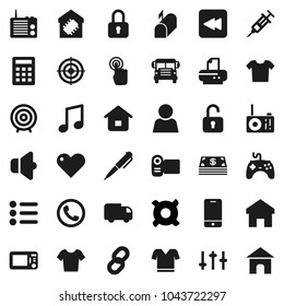 Flat vector icon set - pen vector, school bus, music, target, any currency, t shirt, speaker, gamepad, settings, mobile phone, touchscreen, heart, backward button, syringe, home, chain, user, smart