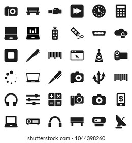 Flat vector icon set - pen vector, notebook pc, laptop graph, clock, barcode, camera, antenna, remote control, headphones, stop button, forward, hdmi, cloud lock, browser, equalizer, lan connector
