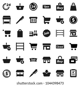 Flat vector icon set - pen vector, dollar coin, cart, credit card, office, shelving, sale, open, closed, 24 hour, shopping bag, market, store, mall, buy, receipt, basket, list