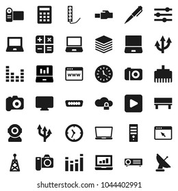 Flat vector icon set - pen vector, notebook pc, laptop graph, clock, camera, antenna, equalizer, play button, hdmi, cloud lock, big data, browser, lan connector, bench, route arrow, calculator, web