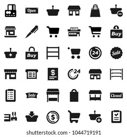 Flat vector icon set - pen vector, dollar coin, cart, credit card, office, shelving, sale, open, closed, 24 hour, shopping bag, market, store, mall, buy, receipt, basket, list