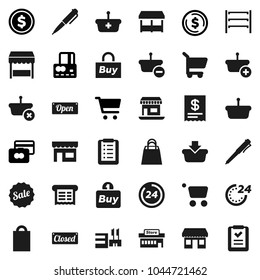 Flat vector icon set - pen vector, dollar coin, cart, credit card, office, shelving, sale, open, closed, 24 hour, shopping bag, market, store, mall, buy, receipt, basket, list
