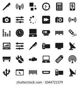 Flat vector icon set - pen vector, laptop graph, clock, barcode, music hit, camera, antenna, equalizer, notebook pc, forward button, hdmi, browser, lan connector, bench, loading, route arrow, video
