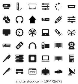 Flat vector icon set - pen vector, notebook pc, arrow up, clock, barcode, music hit, antenna, remote control, headphones, stop button, hdmi, big data, browser, equalizer, lan connector, bench, web