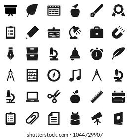 Flat vector icon set - pen vector, university, pencil, ruler, drawing compass, case, backpack, apple fruit, telescope, microscope, bell, table lamp, notebook pc, alarm clock, schedule, clipboard