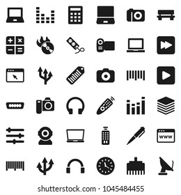 Flat vector icon set - pen vector, notebook pc, clock, barcode, music hit, camera, equalizer, remote control, headphones, play button, forward, hdmi, big data, browser, lan connector, bench, video