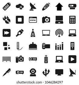 Flat vector icon set - pen vector, notebook pc, arrow up, barcode, music hit, camera, antenna, equalizer, remote control, play button, stop, forward, hdmi, cloud lock, browser, lan connector, route