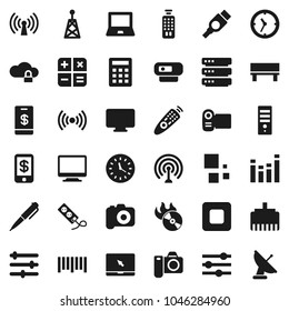 Flat vector icon set - pen vector, notebook pc, clock, barcode, music hit, camera, antenna, equalizer, remote control, stop button, hdmi, cloud lock, big data, lan connector, bench, loading, tap pay