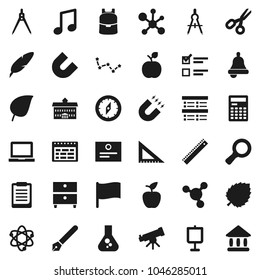 Flat vector icon set - pen vector, university, corner ruler, drawing compass, backpack, apple fruit, atom, telescope, bell, calculator, notebook pc, schedule, clipboard, certificate, magnet, music