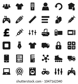 Flat vector icon set - pen vector, ruler, notebook pc, abacus, pound, t shirt, roller Skates, target, gamepad, settings, remote control, mobile phone, social media, group, stop button, syringe, menu
