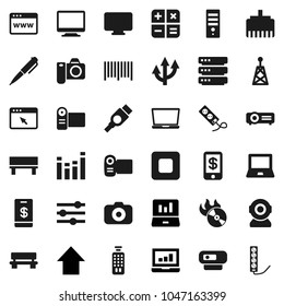Flat vector icon set - pen vector, notebook pc, laptop graph, arrow up, music hit, camera, antenna, equalizer, remote control, stop button, hdmi, big data, browser, lan connector, bench, route, web