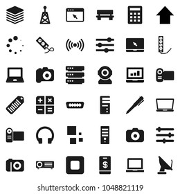 Flat vector icon set - pen vector, notebook pc, laptop graph, arrow up, barcode, camera, antenna, headphones, stop button, hdmi, big data, browser, equalizer, bench, loading, wireless, calculator